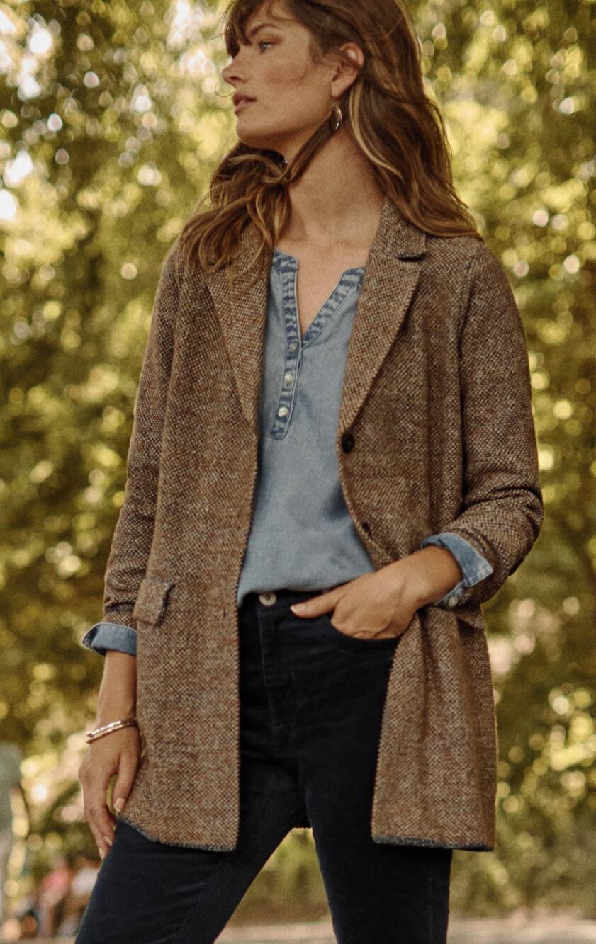J. Jill Tweed Textured Knit Cardigan Jacket Sweater Blazer Brown Blue S